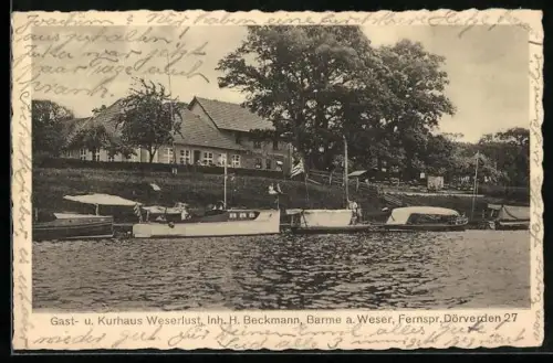 AK Barme a. Weser, Gasthaus Weserlust, Inh. H. Beckmann, Dörverden 27, Motorboote am Ufer
