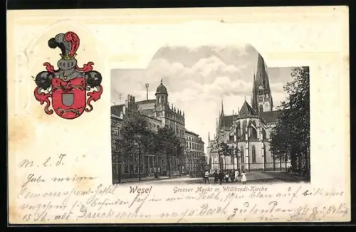 AK Wesel / Rhein, Grosser Markt mit Willibrodi-Kirche, Wappen von Wesel