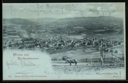 Mondschein-AK Rockenhausen, Ortsansicht vom Berghang aus