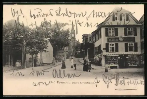 AK Bad Pyrmont, Obere Kirchstrasse mit Hoflieferant W. Weitz