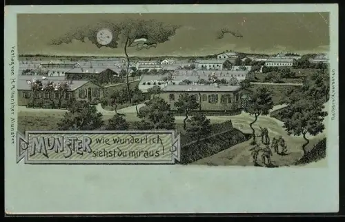AK Munster, Ansicht des Barackenlagers bei Mondschein