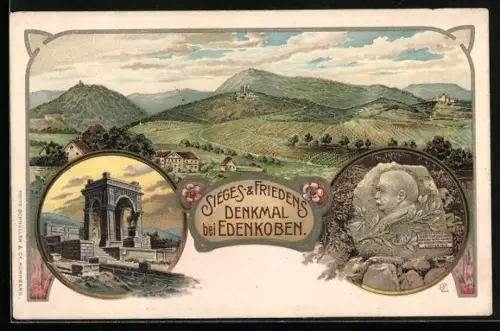 Lithographie Edenkoben, Sieges- & Friedensdenkmal, Orts-Panorama mit Blick ins Land