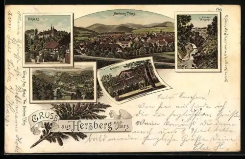 Lithographie Herzberg a. Harz, Kurhaus, Lonauer Wasserfall, Schloss, Totalansicht des Ortes