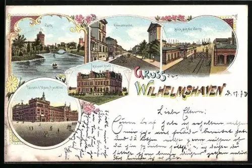 Lithographie Wilhelmshaven, Tausend-Mann-Kaserne, Park, Blick auf die Werft, Kaiserl. Post