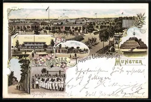 Lithographie Munster, Truppen-Übungsplatz, Barackenlager, Offizierscasino, Cantine, Offiziersbaracken