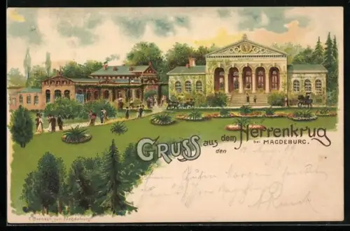 Lithographie Magdeburg, Gartenanlagen am Herrenkrug