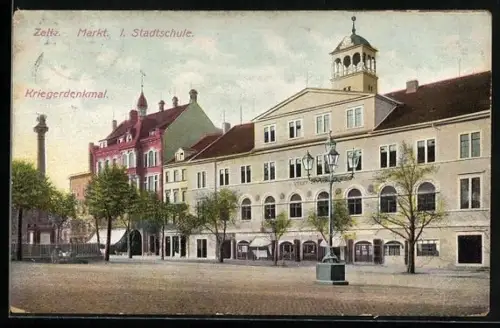 AK Zeitz, Markt, 1. Stadtschule, Kriegerdenkmal