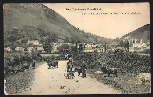 AK Asasp /Vallée d`Aspe, Vue générale avec bergers et troupeau sur un chemin de campagne