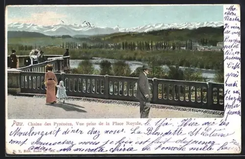 AK Pau, Chaîne des Pyrénées, Vue prise de la Place Royale