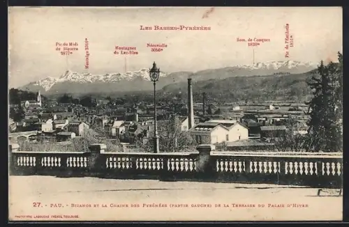 AK Pau /Les Basses-Pyrénées, Biarritz et la chaîne des Pyrénées depuis la terrasse du Palais d`Hiver