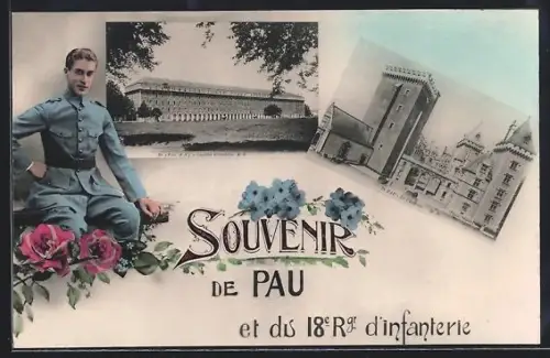 AK Pau, Souvenir de Pau et du 18e Régiment d`infanterie