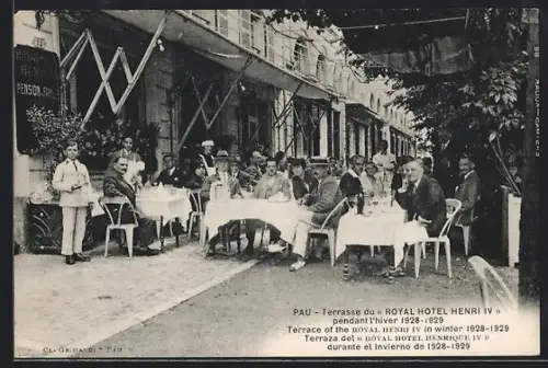 AK Pau, Terrasse du Royal Hotel Henri IV en hiver 1928-1929