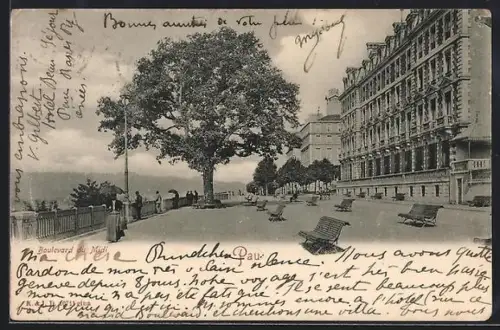 AK Pau, Boulevard du Midi et vue sur l`océan avec arbres et bancs