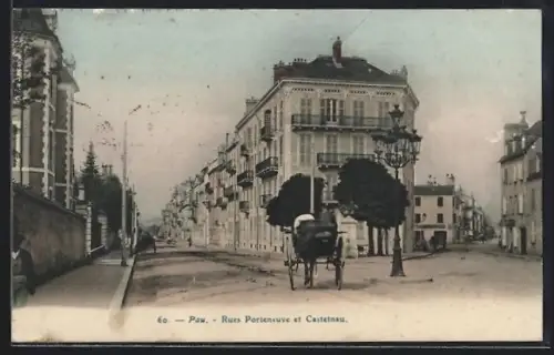 AK Pau, Rues Porteneuve et Castelnau avec calèche sur la route