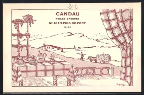 Künstler-AK Saint-Jean-Pied-de-Port /B.-P., Toiles basques Candau et paysage rural avec montagnes en arrière-plan