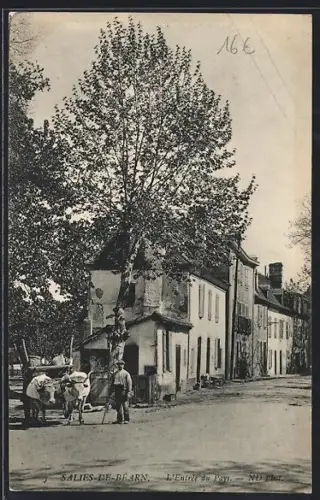 AK Salies-de-Béarn, L`Entrée du Pays avec une charrette et arbres majestueux