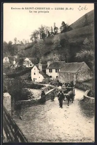 AK Saint-Christau /B.-P., Lurbe, La rue principale avec villageois et animaux