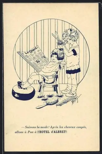 AK Pau, Illustration humoristique avec des enfants et un journal à l`Hôtel d`Albret