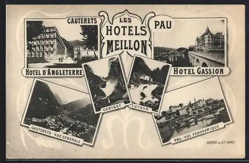 AK Pau, Les Hôtels Meillon, Hôtel d`Angleterre et Hôtel Gassion avec vues de Cauterets et Pau
