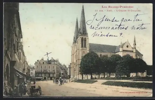 AK Pau /Basses-Pyrénées, L`église St-Jacques et la place animée de passants et calèches