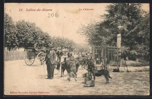 AK Salies-de-Béarn, Le Chèvrier avec son troupeau de chèvres près de la grille du parc