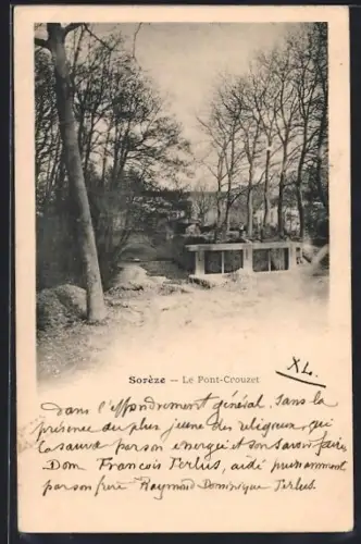 AK Sorèze, Le Pont-Crouzet à travers les arbres en hiver