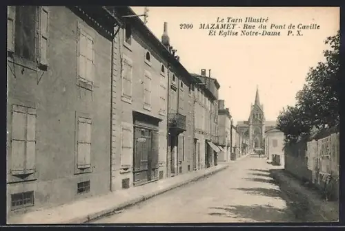AK Mazamet, Rue du Pont de Caville et Eglise Notre-Dame