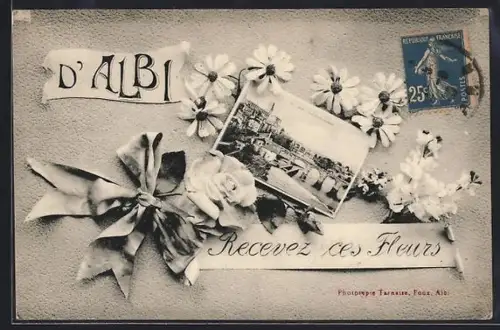 AK Albi, Recevez ces Fleurs avec une vue générale de la ville