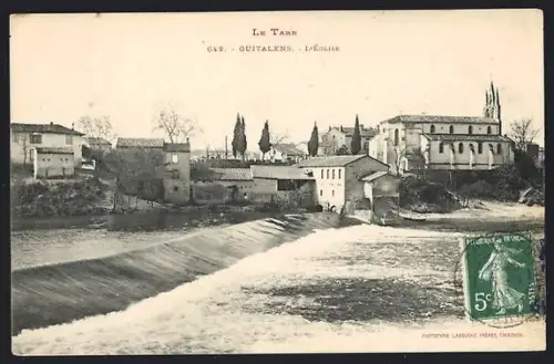 AK Guitalens, L`église et la rivière Tarn avec le barrage visible au premier plan