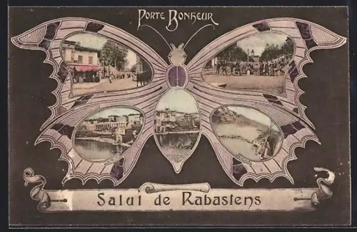 AK Rabastens, Porte Bonheur, scènes diverses dans un papillon décoratif