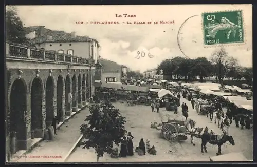 AK Puylaurens, La Halle et le Marché animé avec charrettes et foule