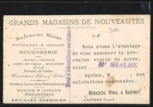 AK Castres, Magasin Bénazech Vidal & Assémat, 4 Rue Gambetta, vue extérieure des étalages de draperies