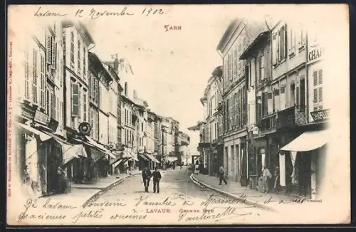 AK Lavaur /Tarn, Grande Rue animée avec passants et commerces