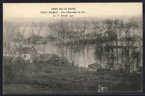 AK Port-Marly, Vue d`ensemble de l`île lors de la crue de la Seine, février 1910