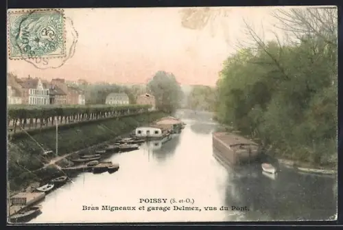 AK Poissy /S.-et-O., Bras Migneaux et garage Delmez, vus du Pont