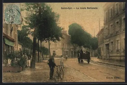 AK Saint-Cyr, La route Nationale avec charrette et cycliste