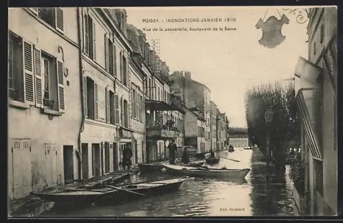 AK Poissy, Inondations janvier 1910, Vue de la passerelle, boulevard de la Seine