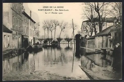 AK Port-Marly, Rue Saint-Louis inondée lors de la crue de la Seine, 1er février 1910