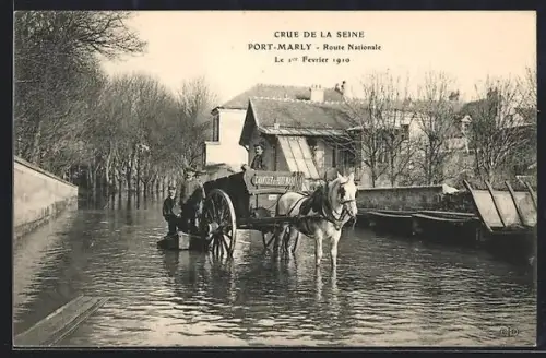AK Port-Marly, Crue de la Seine sur la Route Nationale avec charrette tirée par un cheval