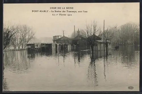 AK Port-Marly, La Station des Tramways sous l`eau lors de la crue de la Seine, 1er février 1910