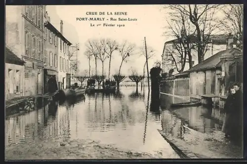 AK Port-Marly, Rue Saint-Louis pendant la crue de la Seine, 1er février 1910