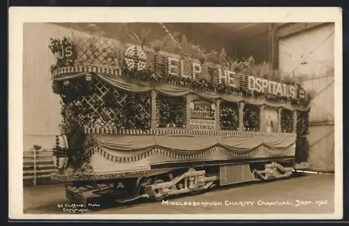 AK Middlesborough, Charity Carnival 1925, Decorated Train Car, Strassenbahn