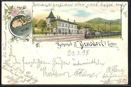 Lithographie Bensdorf i. Lothr., Bahnhof mit einfahrendem Zug