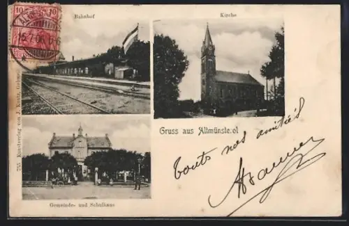 AK Altmünsterol, Bahnhof, Kirche, Gemeinde- und Schulhaus