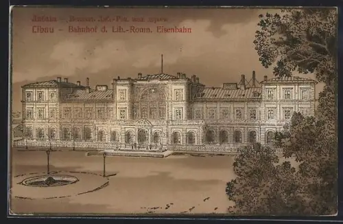 Künstler-AK Libau, Bahnhof d. Libau-Romnyer Eisenbahn