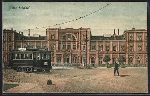 AK Libau, Blick auf den Bahnhof, Strassenbahn