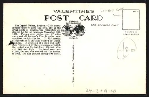 AK London, The Crystal Palace, destroyed by fire 1936, Brand