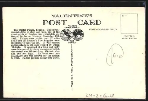 AK London, The Crystal Palace, destroyed by fire 1936, Brand