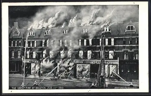 AK Brixton, The great fire at Brixton 1910, Brand