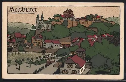 Steindruck-AK Aarburg, Ortsansicht mit Schloss